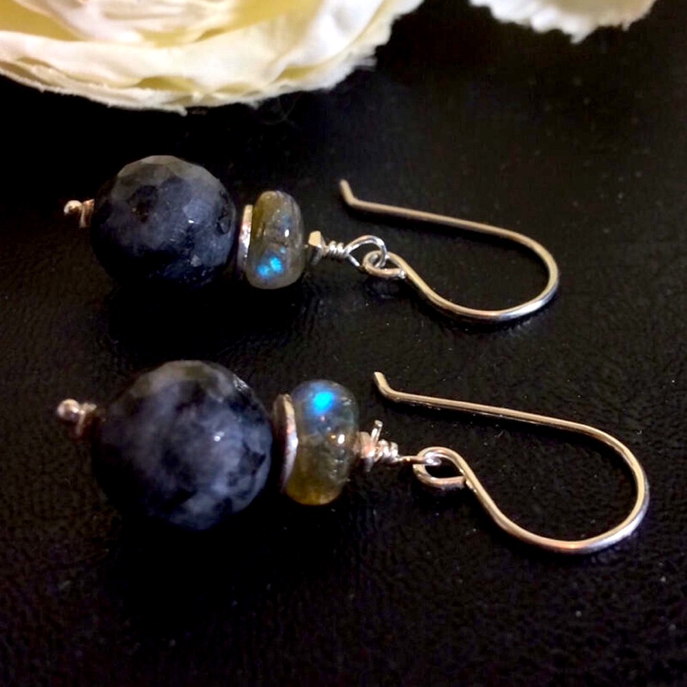 Larkavite, Labradorite & .925 Sterling Artisan Earrings w Hill Tribe Accents